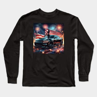 Dodge Charger Hellcat and The American Flag by Gas Autos Long Sleeve T-Shirt